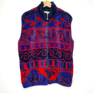 Vintage Duffel 90s Abstract Pattern Fleece Vest Boho Aztec Blue Red Medium